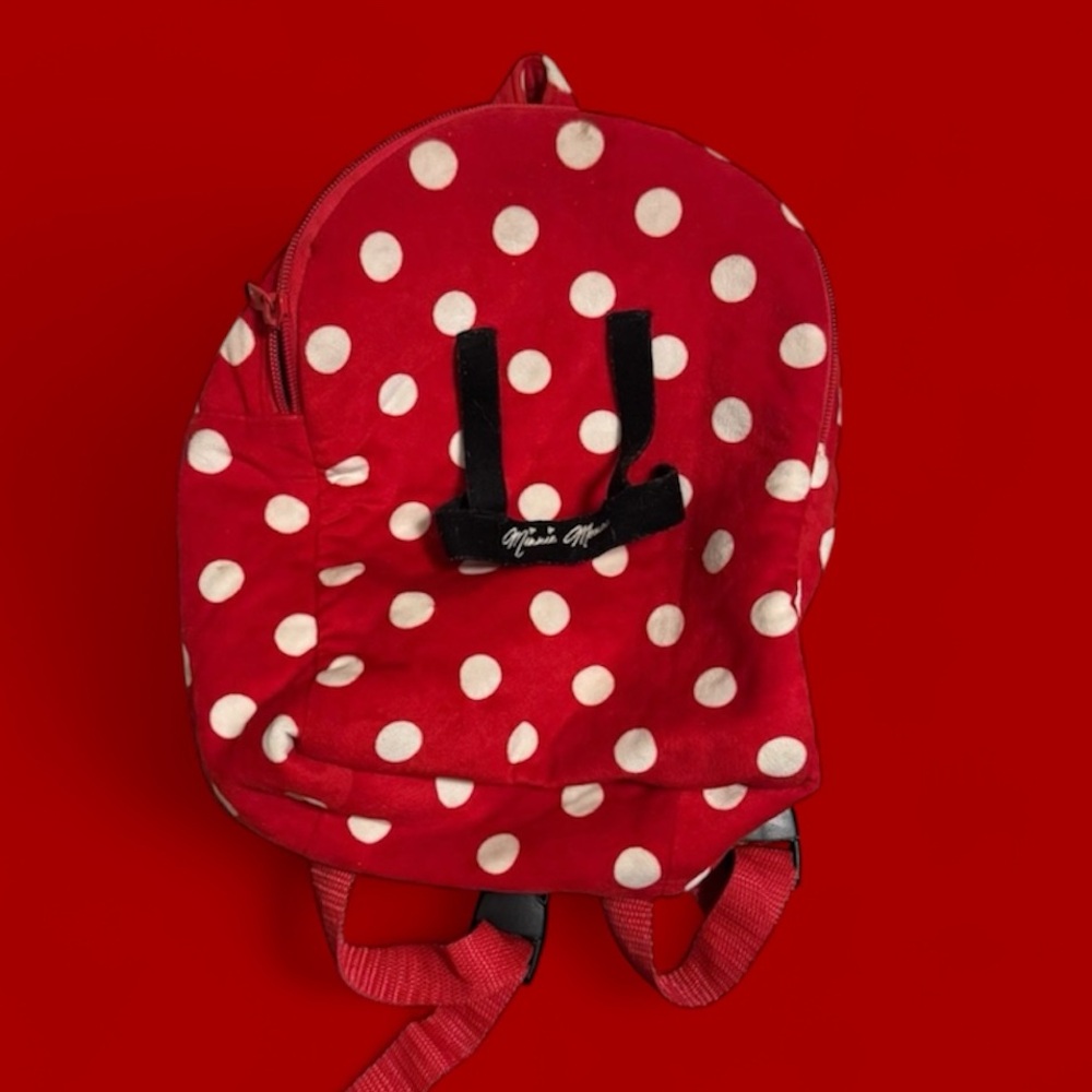 Disney Parks Minnie Mouse Backpack Small Fleece Polka Dot Bag Red White